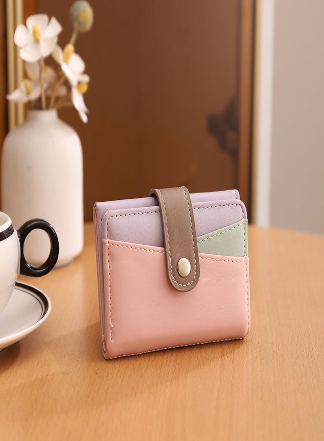 Elios Women's Wallet Color-Blocking Design Vegan Leather Trifold Small Card Holder Compact Ladies Purse with Multiple Card Slots RFID Blocking | Snap Closure | Mini Purse for Women (Pink) - Image 2